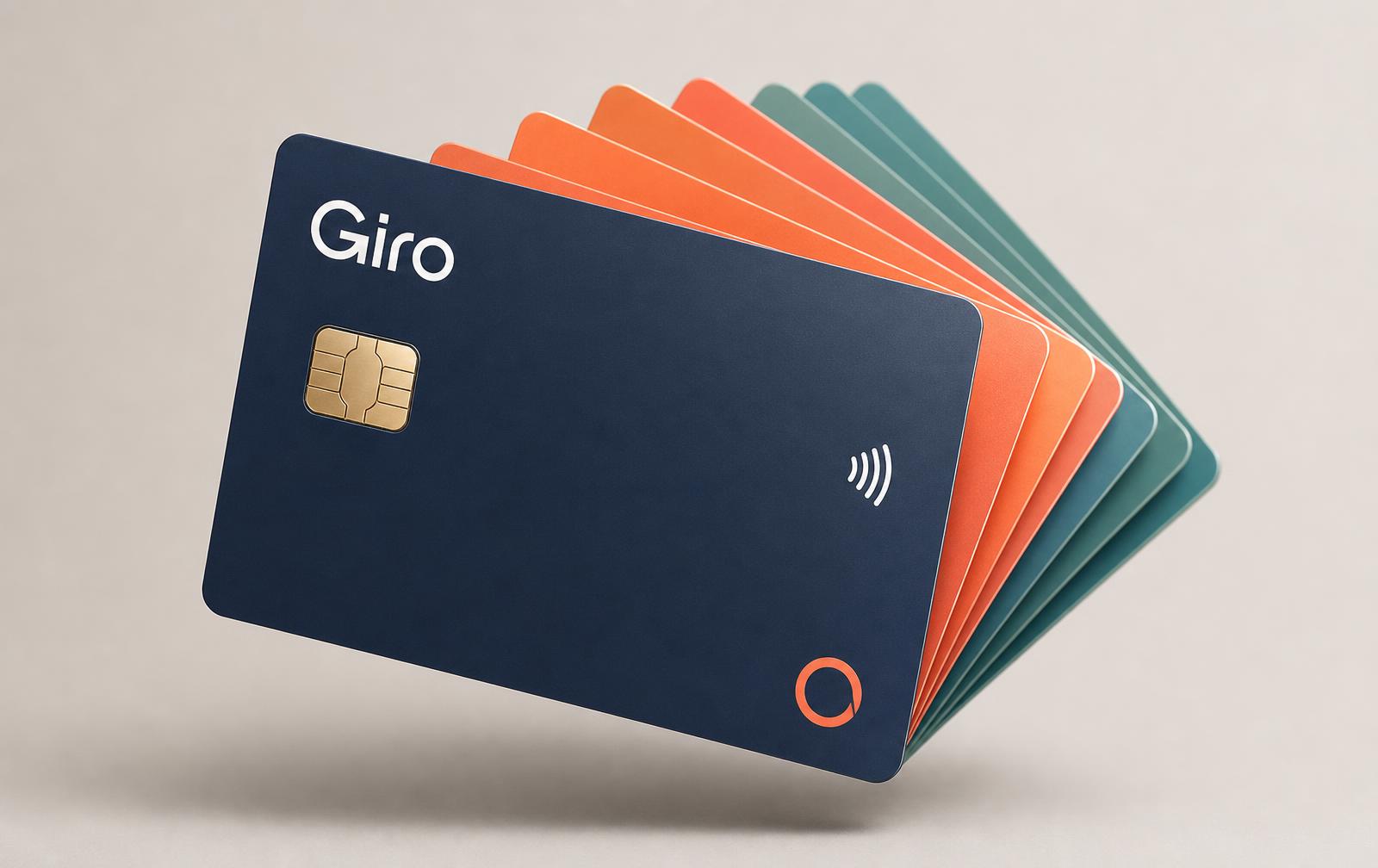 Leque de cartões Cartão Giro do iFriend Pago, com o cartão navy à frente