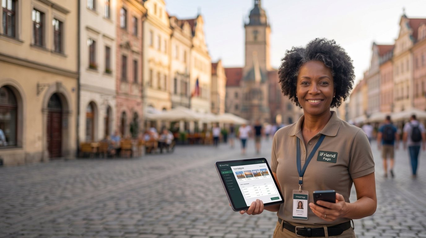 Guia de turismo com tablet mostrando a conta iFriend Pago em uma praça histórica
